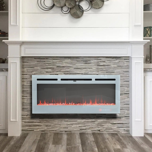 White Linear Electric Recessed Inset Fireplace with Overheat Protection