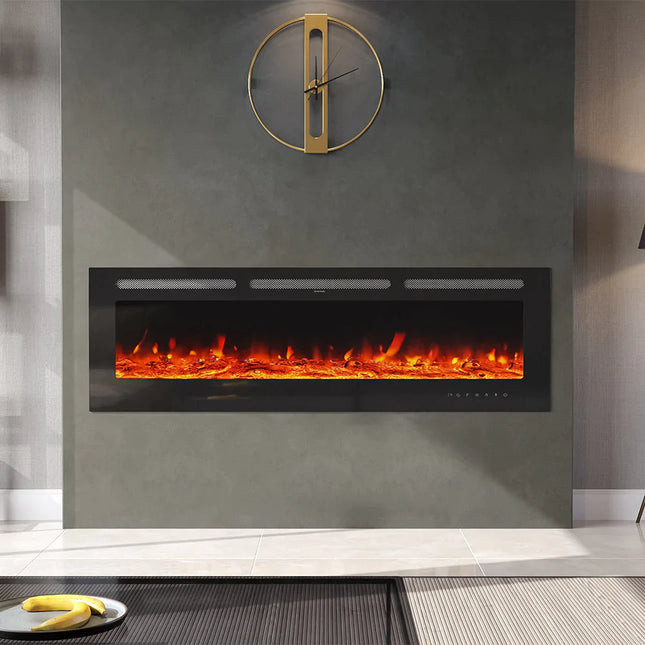 70/80 Inch Electric Fireplace Wall Mounted Recessed Into Fire 9 Fuel Bed Color