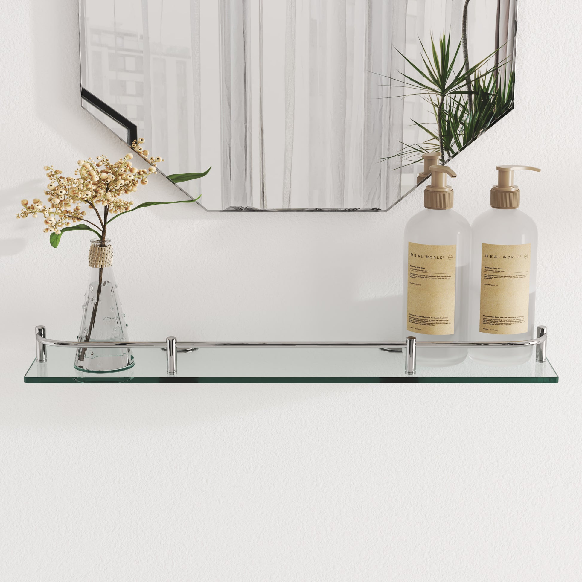 W50cm Bathroom Floating Shelf with Tempered Glass Panel 6MM Thick