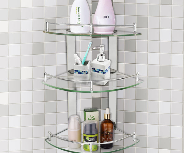 3 Tier Corner Shower Caddy Tempered Glass 20x20cm