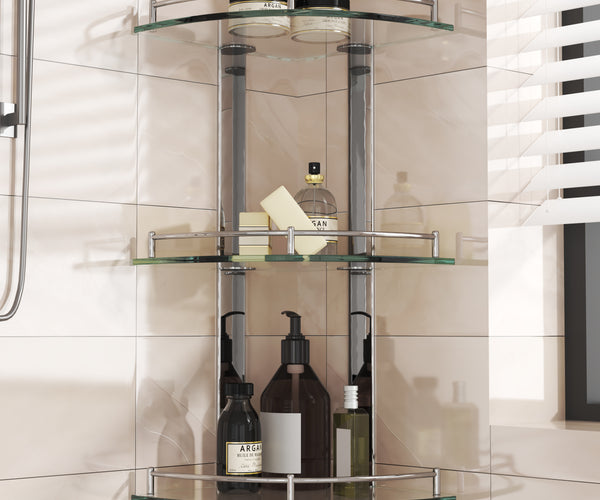 3 Tier Corner Shower Caddy Tempered Glass Panel 25x25cm