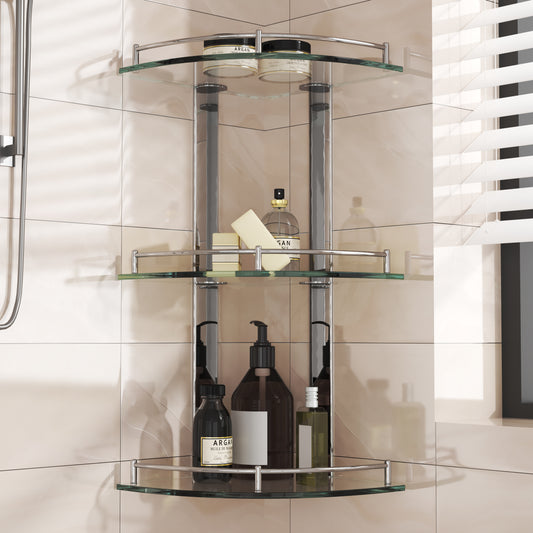 3-Tier Corner Shower Caddy with Tempered Glass Panel 25x25cm